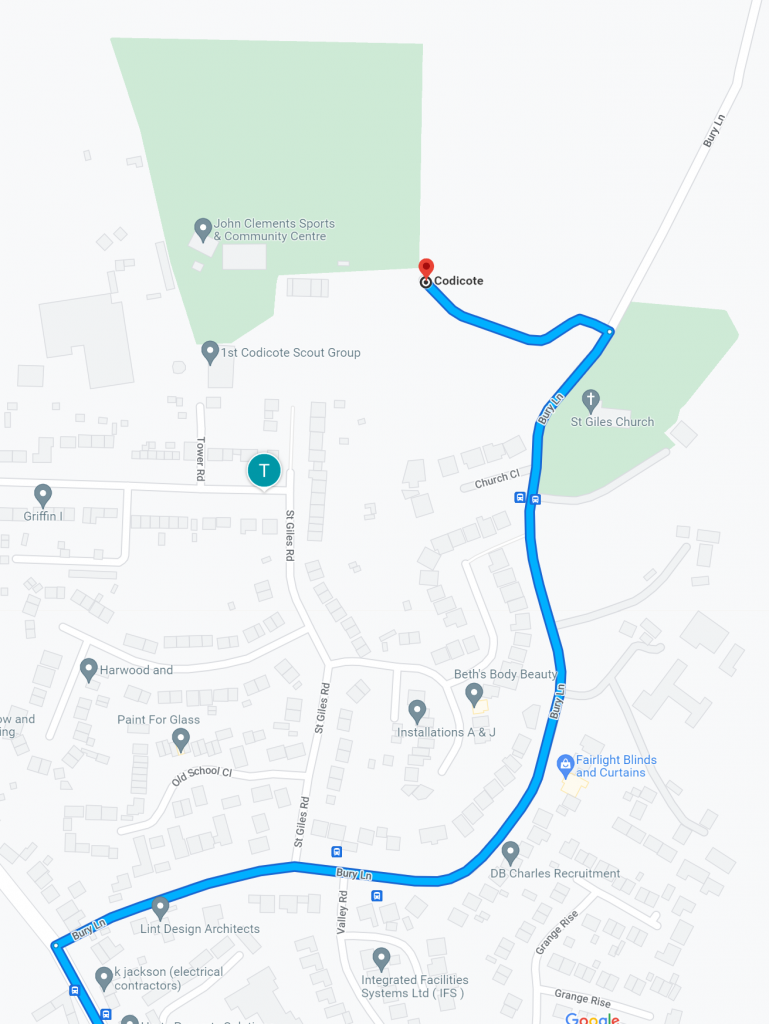 Directions from Codicote High Street to the John Clements Sports and Social Club